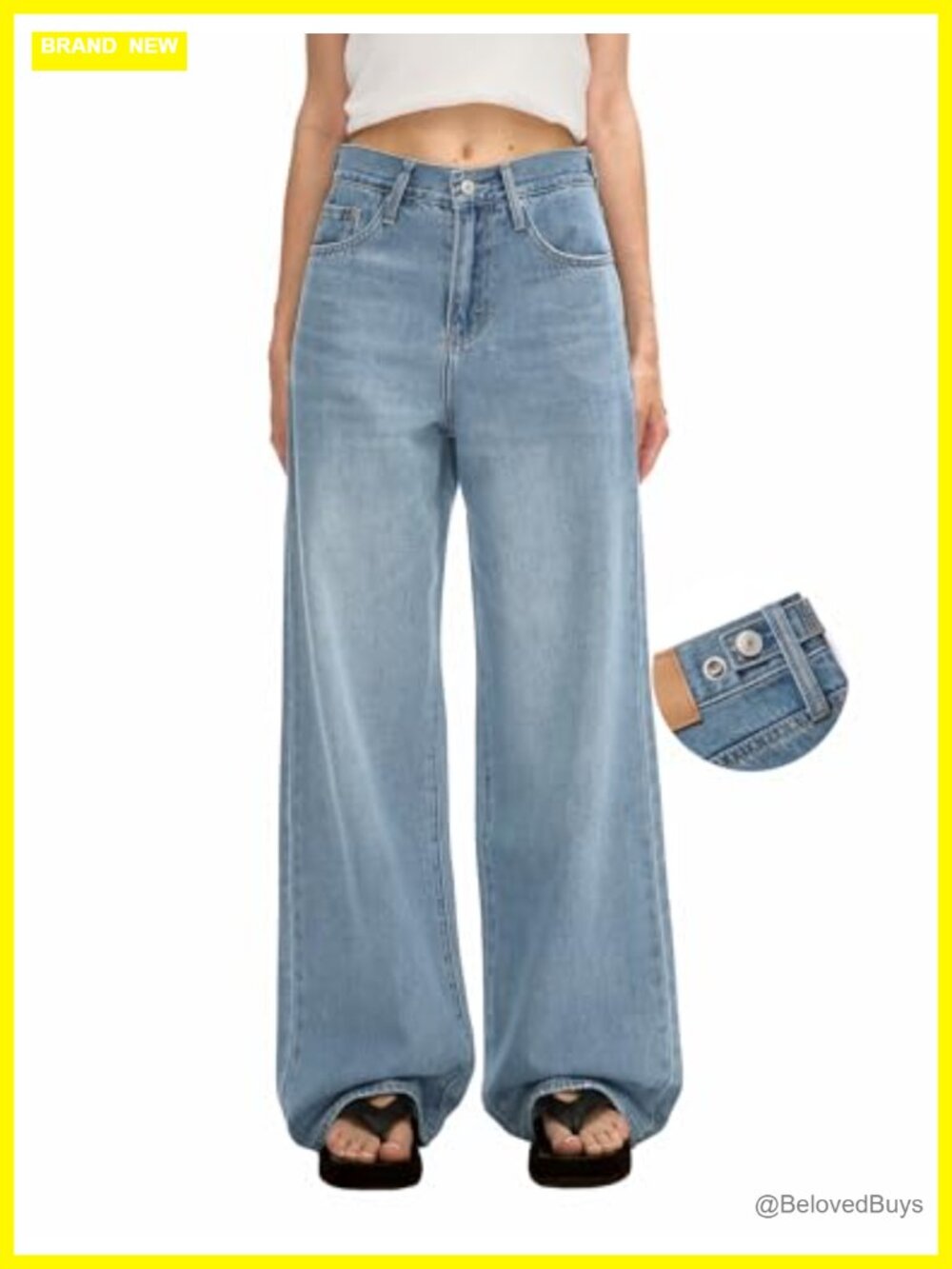 Adjustable Waist Baggy Wide Leg High Rise Jeans Snap Button Denim Pants